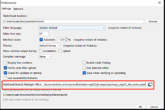 Arduino IDE Preferences — board package URL