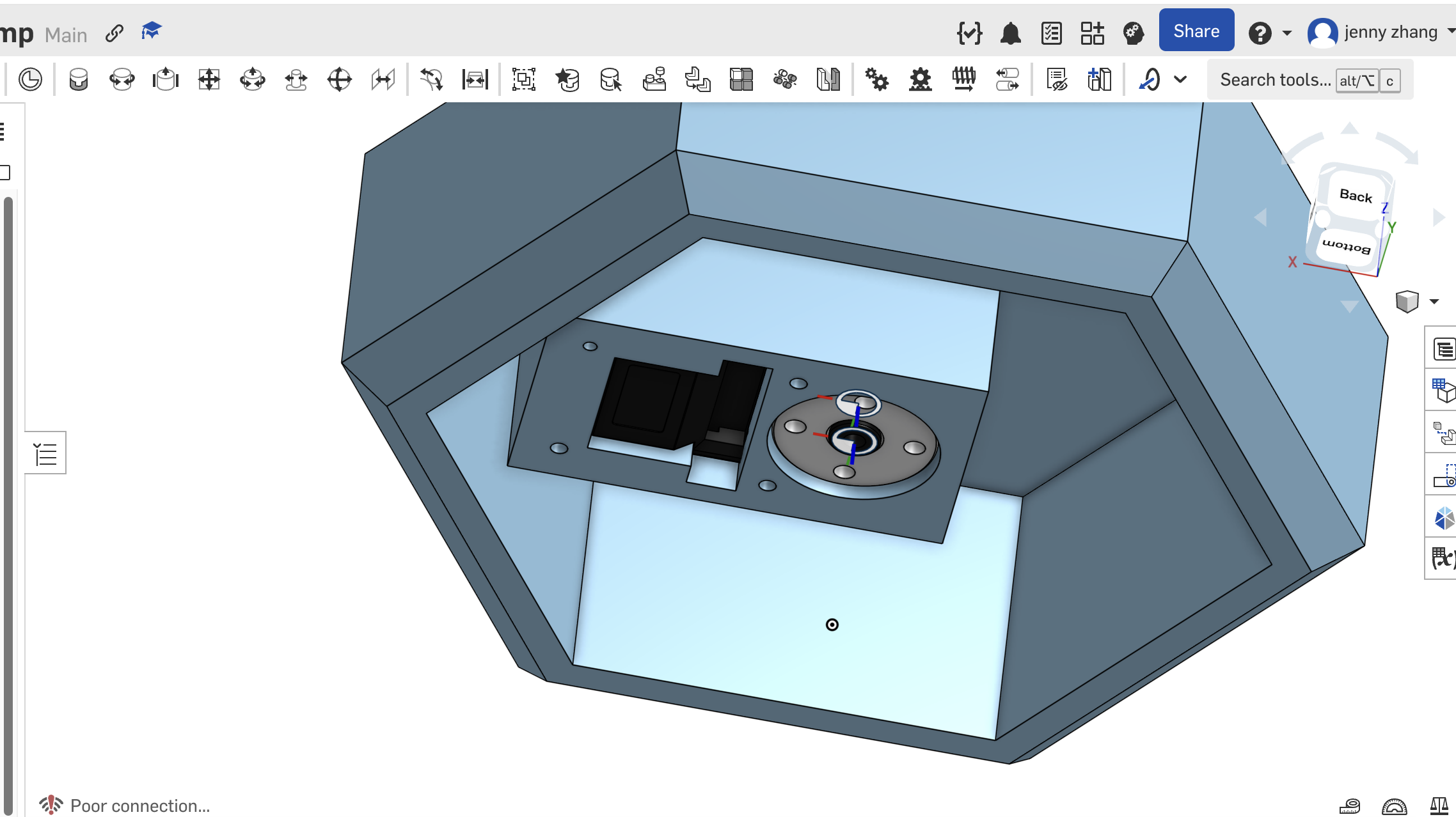Onshape — lamp base joint with circular servo clearance pocket