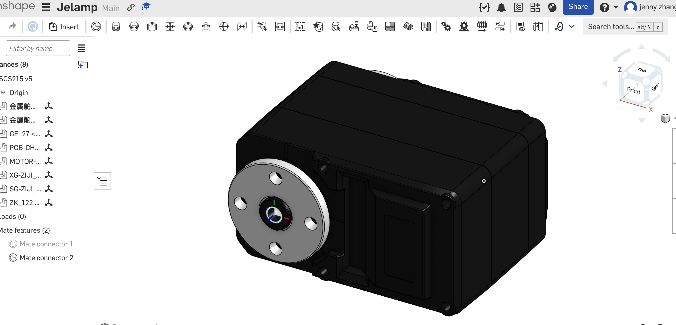 Onshape Assembly — imported STS3215 reference model with mate connectors