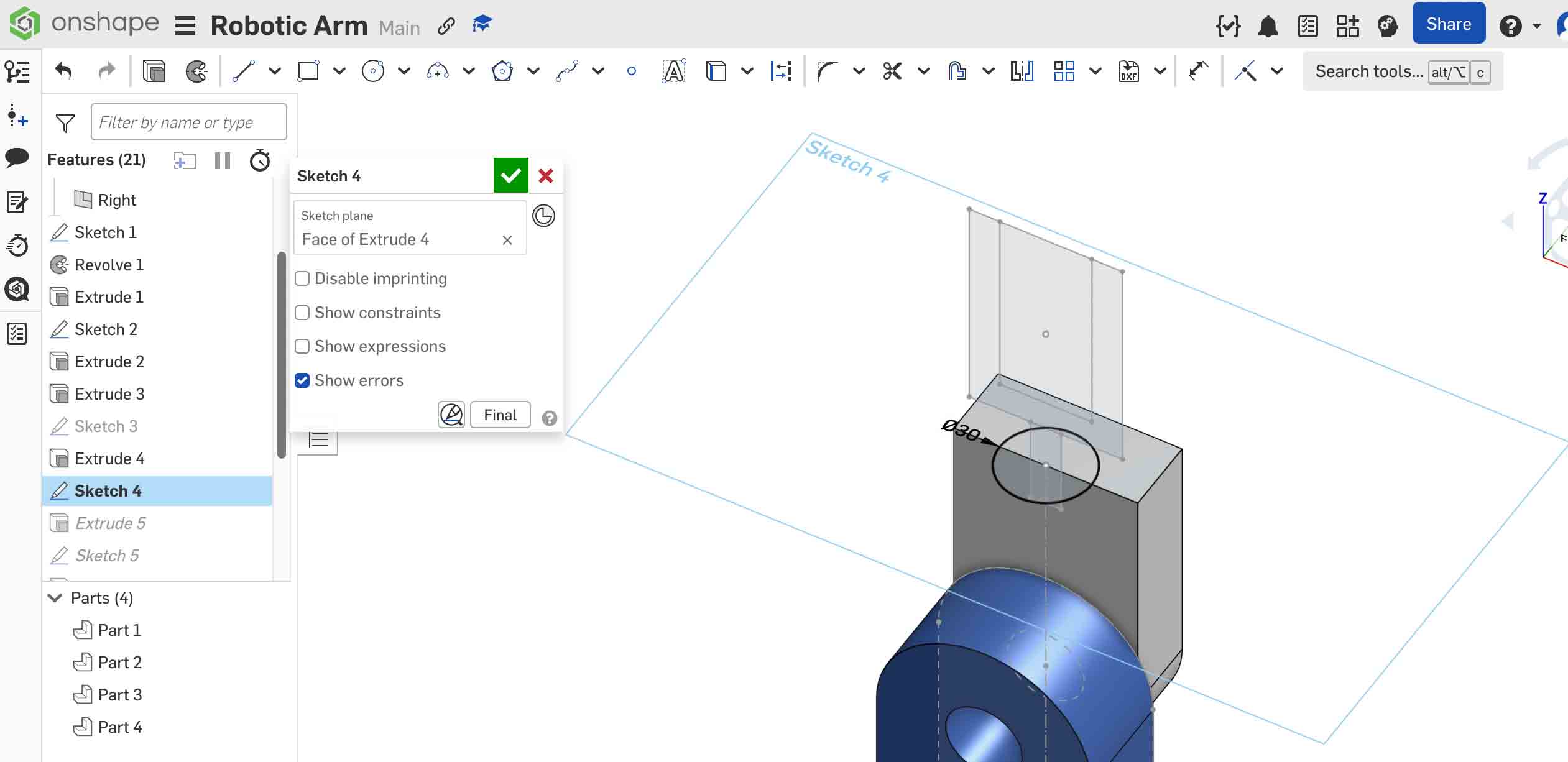 Onshape Step 6 — Coupling extrude