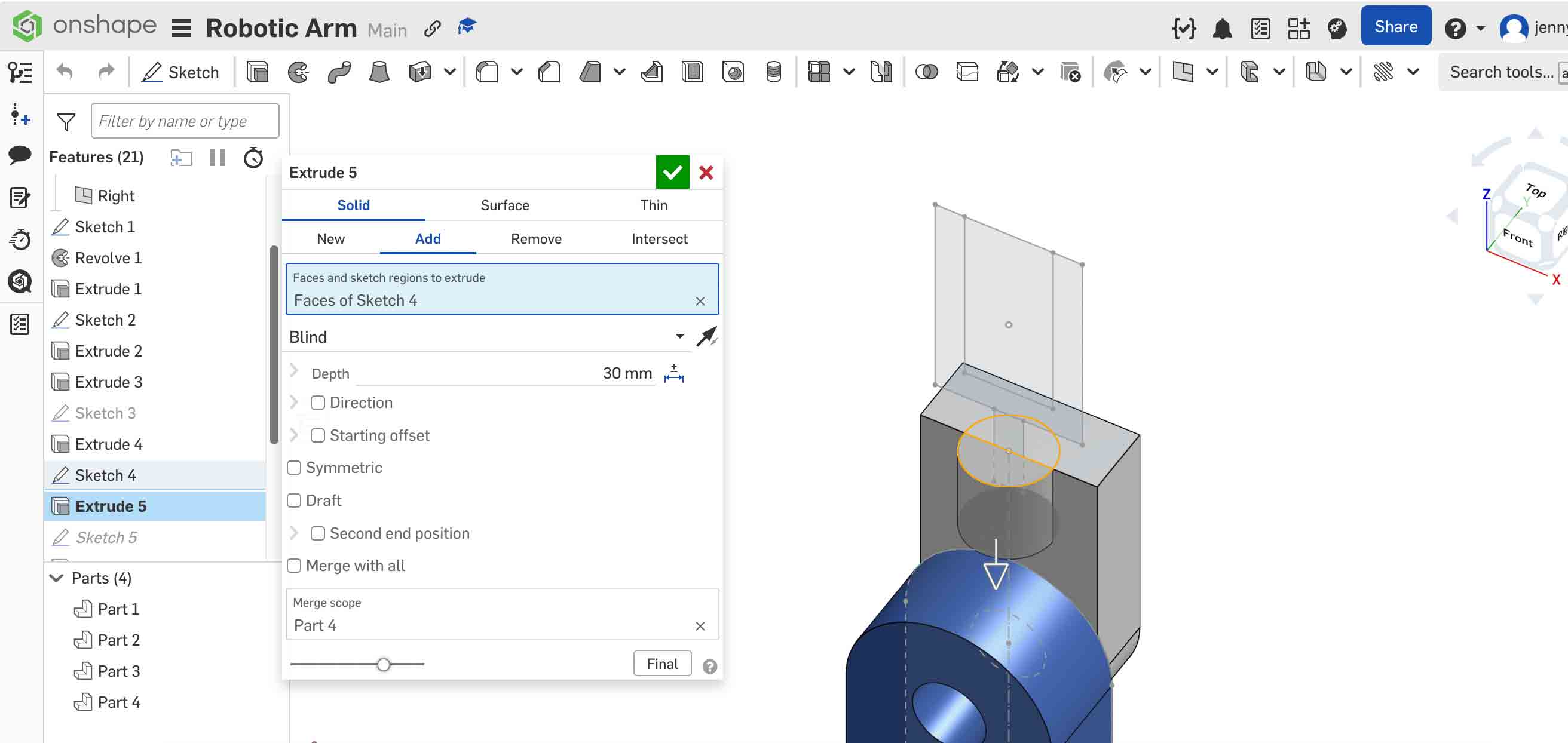 Onshape Step 6 — Coupling result front view