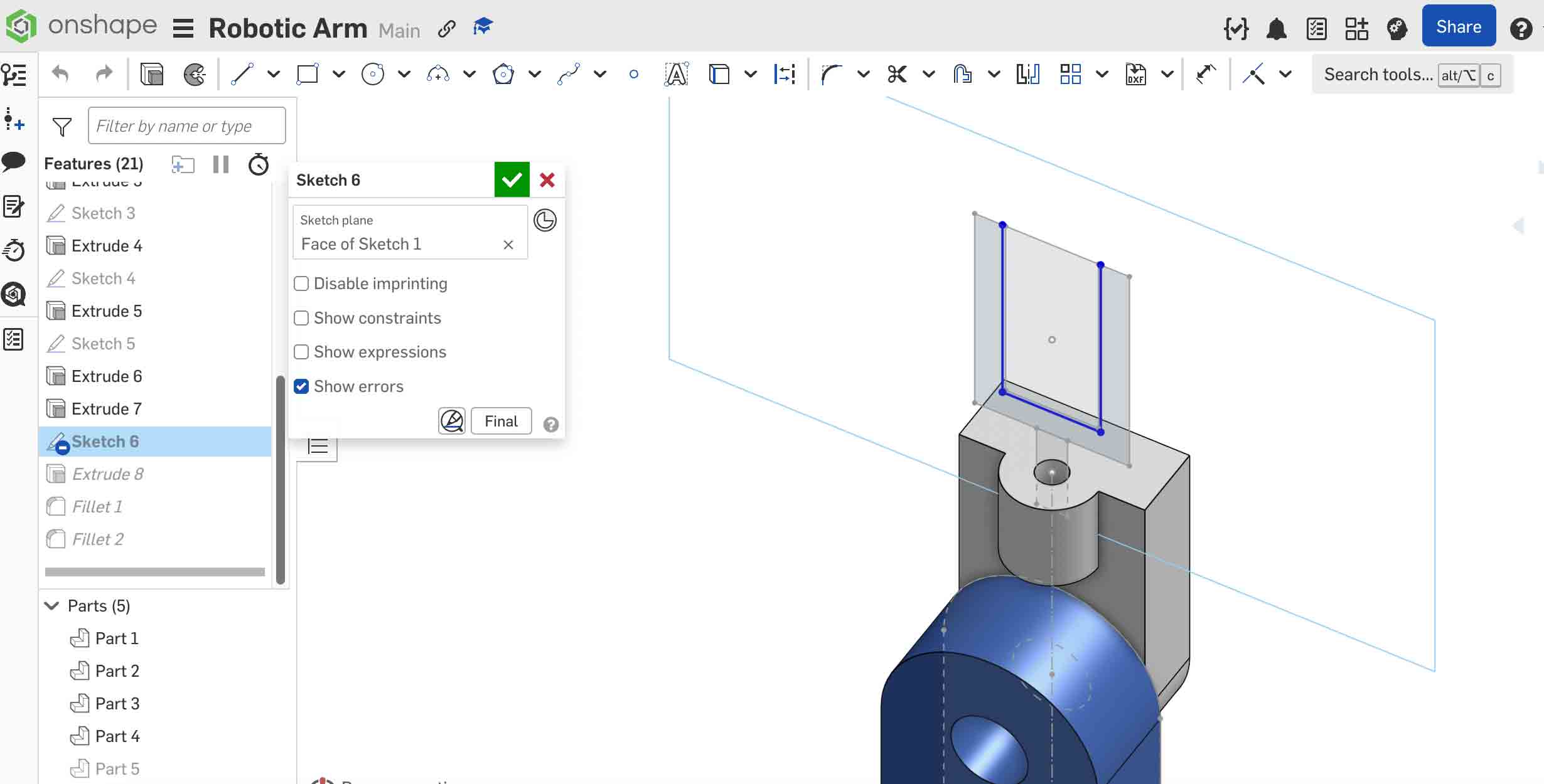Onshape Step 7 — Selecting face as sketch plane
