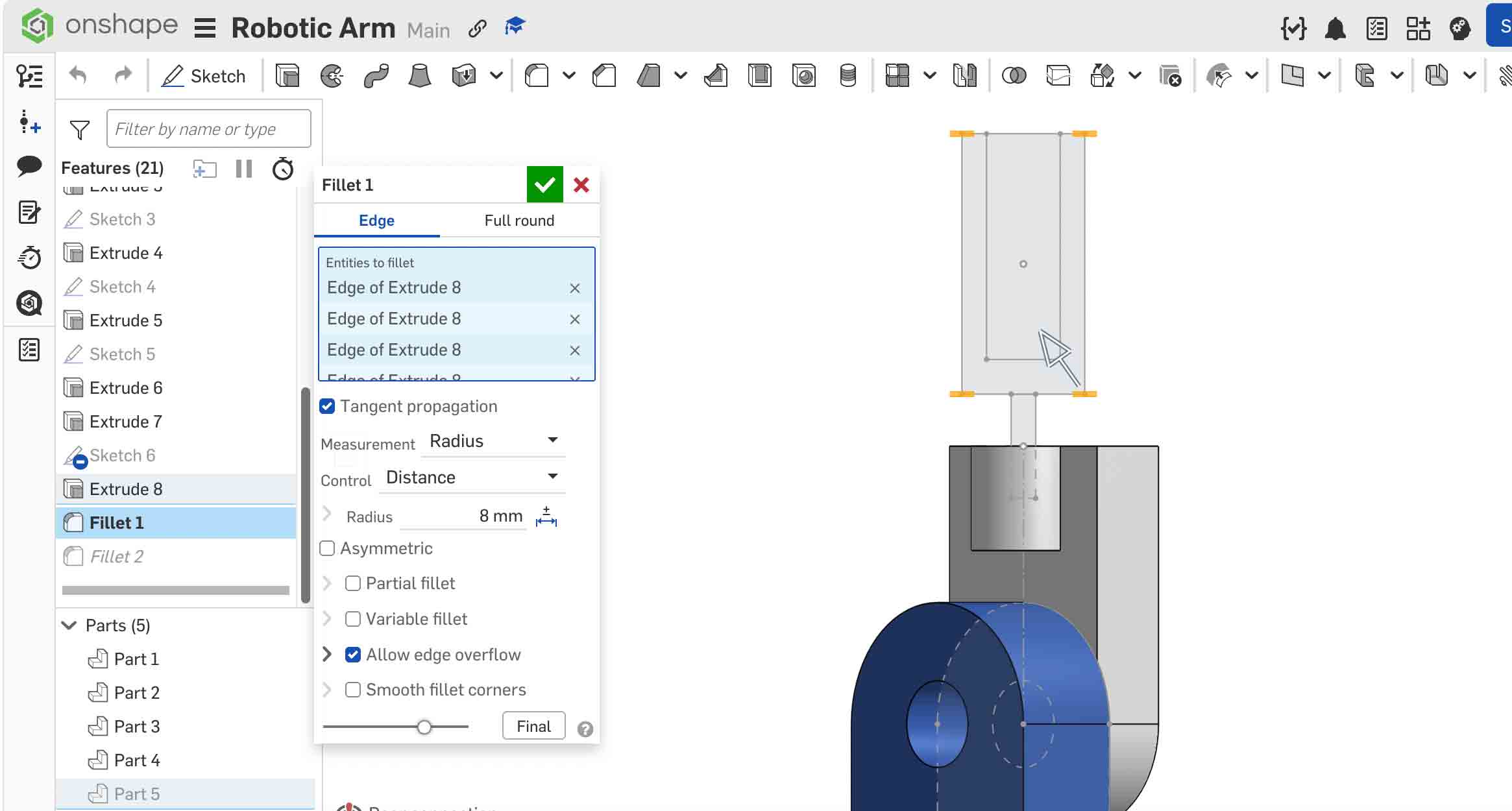 Onshape Step 7 — Clamp extrude result