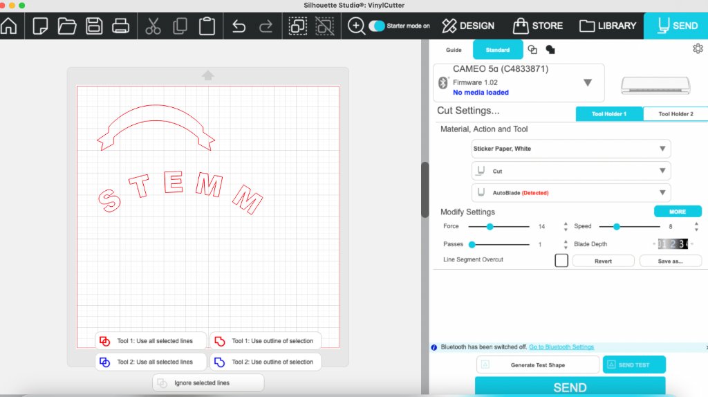Silhouette Studio Send tab — STEMM banner cut settings on CAMEO 5