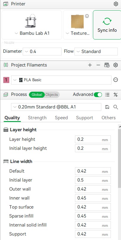 Standard settings used to 3D print my parts