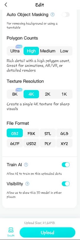 Kiri App options for editing your scan