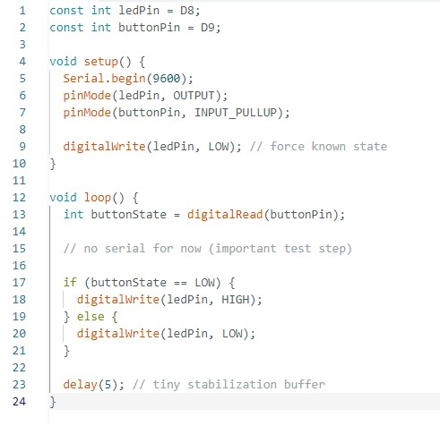 Final code used to blink an LED with a button