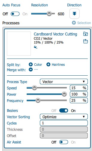 Epilog settings cadboard