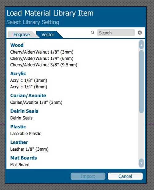 Epilog settings vector