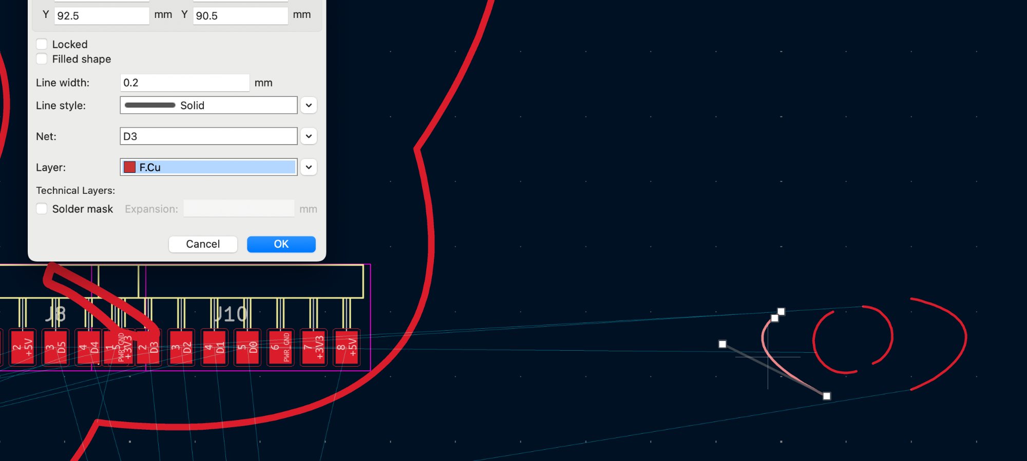 Properties dialog showing F.Cu and Net D3