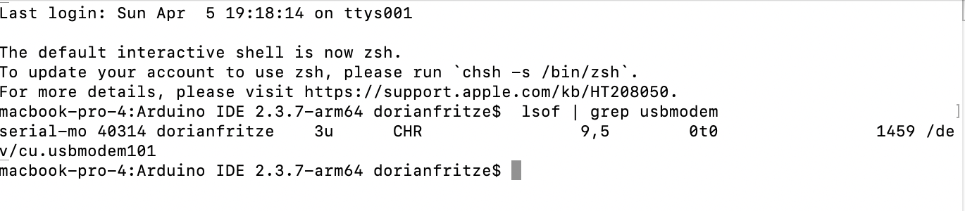 Terminal showing serial-mo process PID 40314 holding the port
