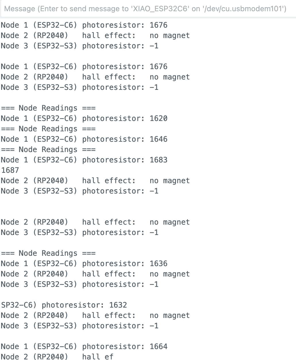 Master serial monitor showing garbled/cut-off output due to I2C timeouts