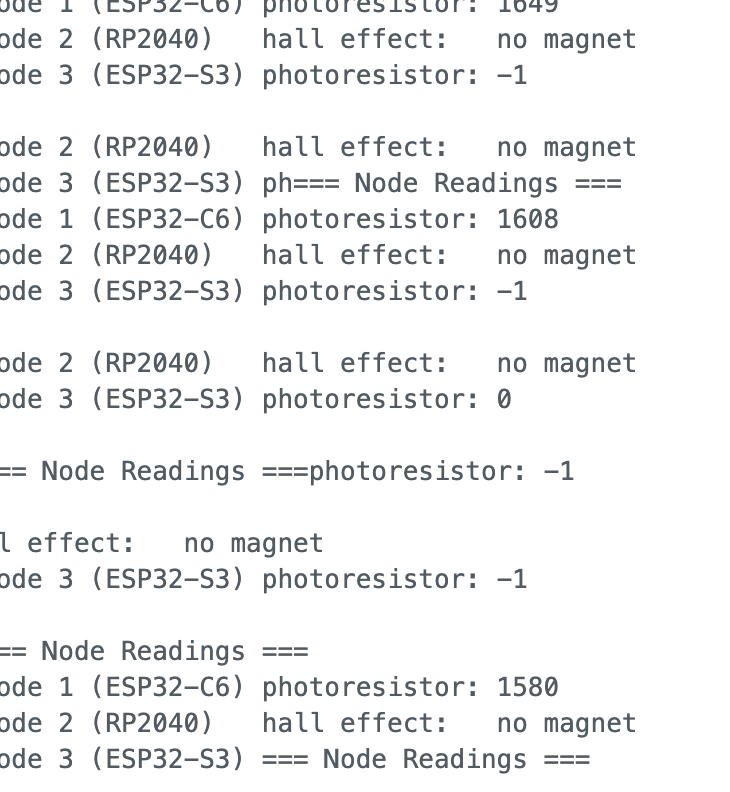 Master output showing MAGNET DETECTED on Node 2 and Node 3 reading 7937