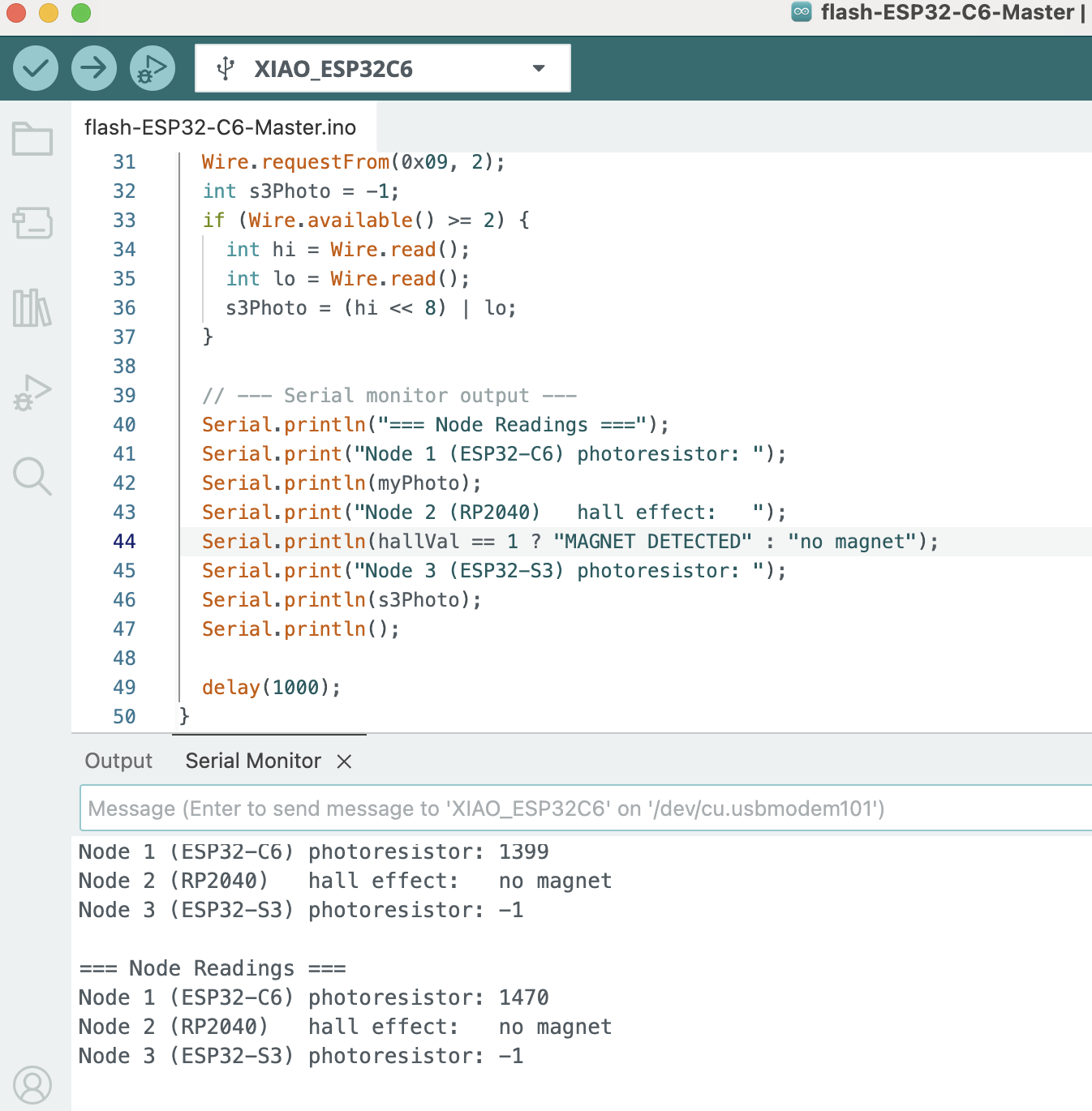 Master serial monitor showing Node 1 and 2 working, Node 3 still -1