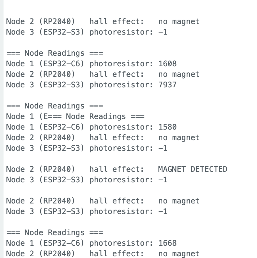 Master output showing Node 3 photoresistor value 7937