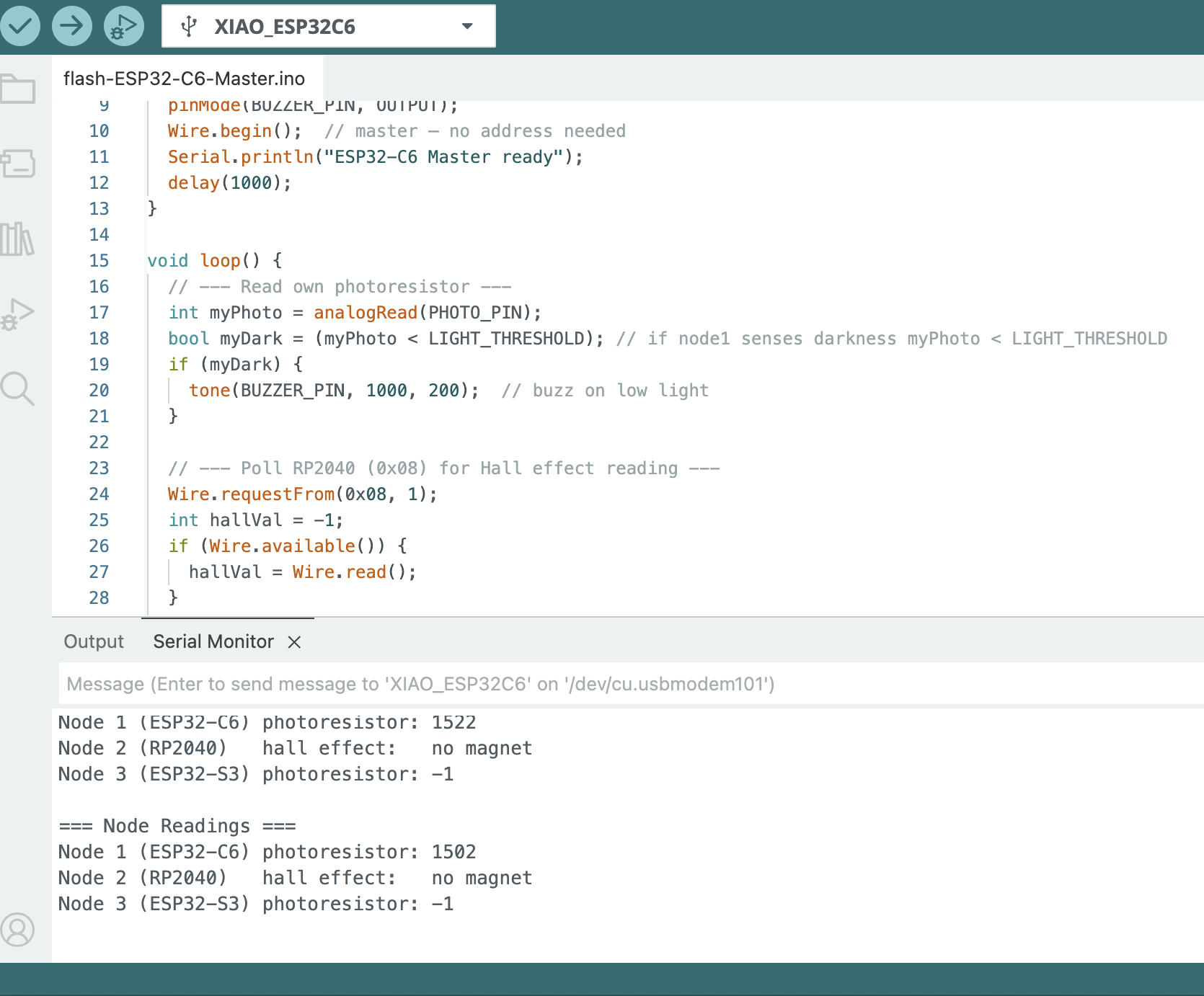 Serial monitor showing Node 1 and Node 2 working, Node 3 returning -1