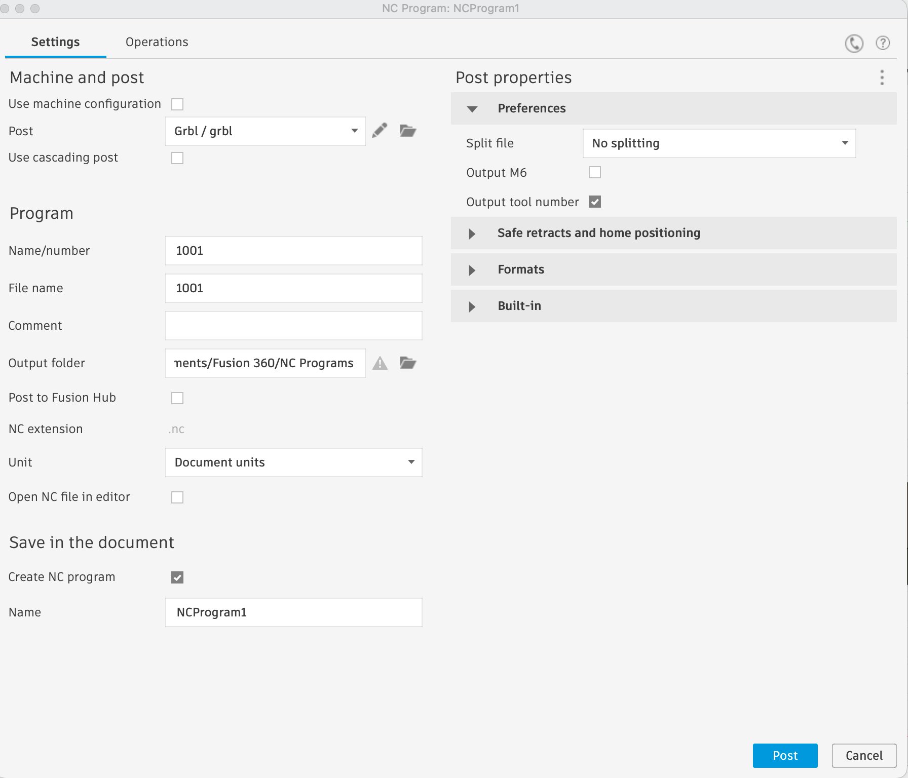 Post process dialog with GRBL selected