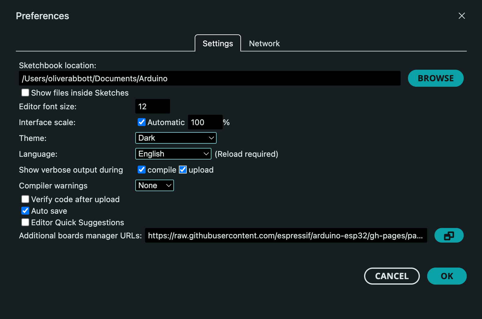 Verbose output selection in Arduino IDE