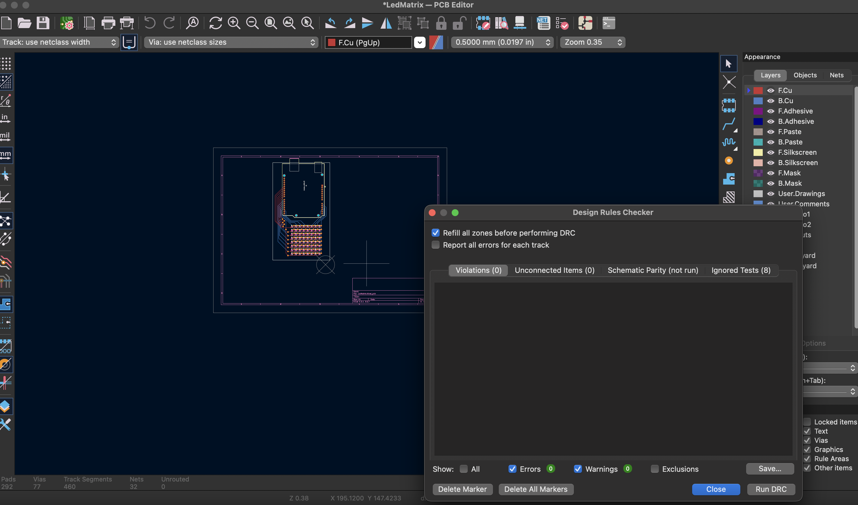 KiCad Design Rule Check results