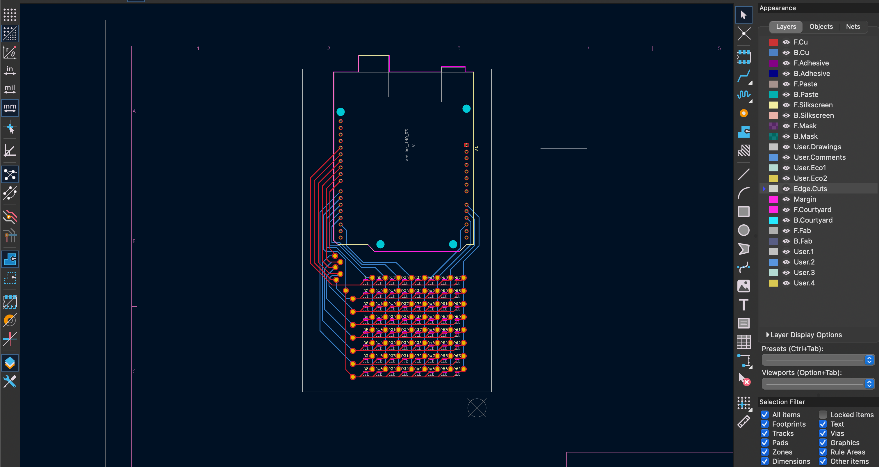 KiCad PCB editor layout for 8x8 LED matrix