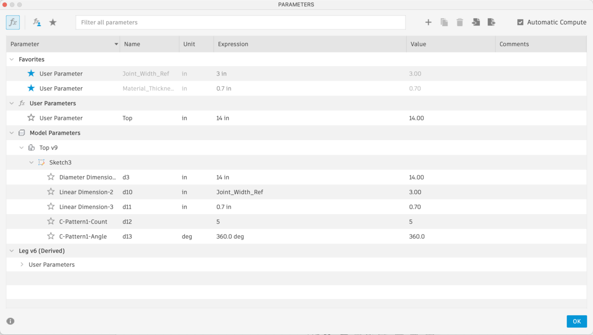 Table Top Parameters