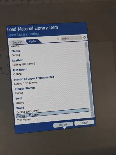 Vector cutting preset for wood 3mm selected