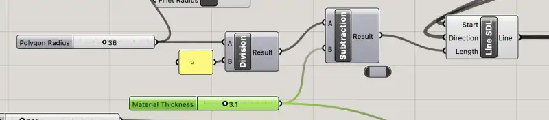 Parametric line length: radius/2 minus material thickness