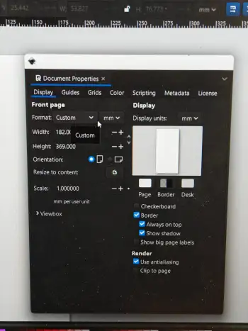 Setting document properties to match machine dimensions