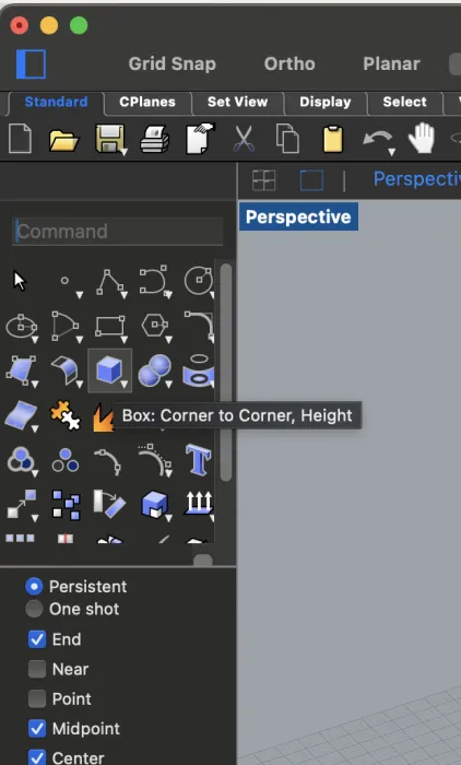 From the Rhino menu select the box object and define the center as 0,0,0 and select a side of 10 and a height of 10