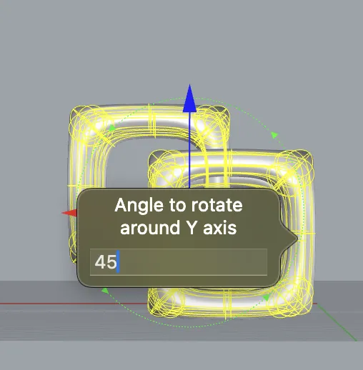 Since I have the gumball enabled, I click the rotating line and type in how much I want to rotate along the Y-axis, which is 45 degrees