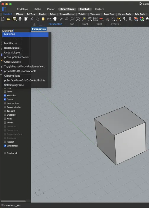 Now from the Rhino command menu, we select multi-pipe