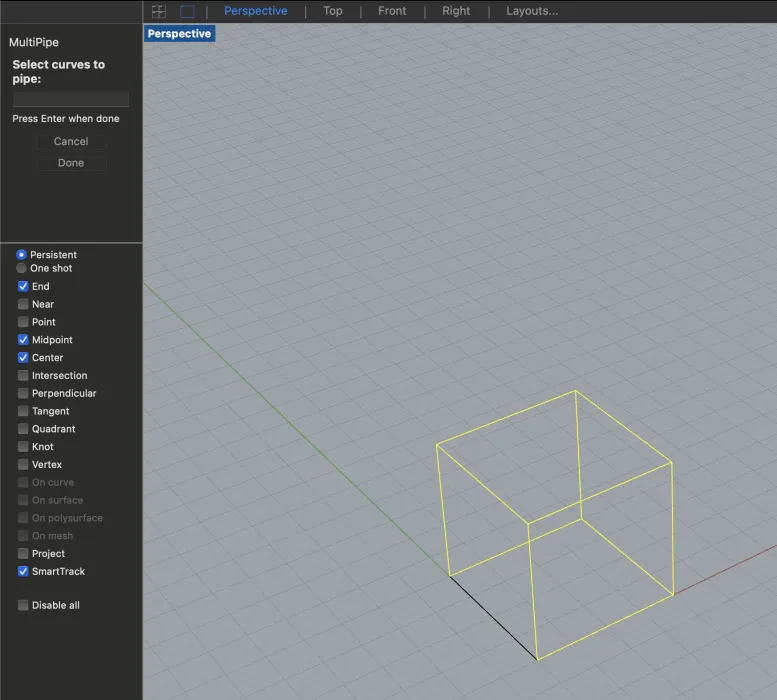 Rhino will then ask you to select the sides of the object that you need to multi-pipe so switch to wireframe view and select all the edges of the cube