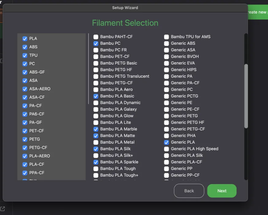 So for the group assignment I decided to use the Bambu P2S printer to print the STL files given by the course and I first opened up the Bamboo Studio application which asks me to select the material I want to print with (PLA)