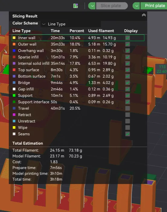 For example, here is a detailed view of the printing time and the material used