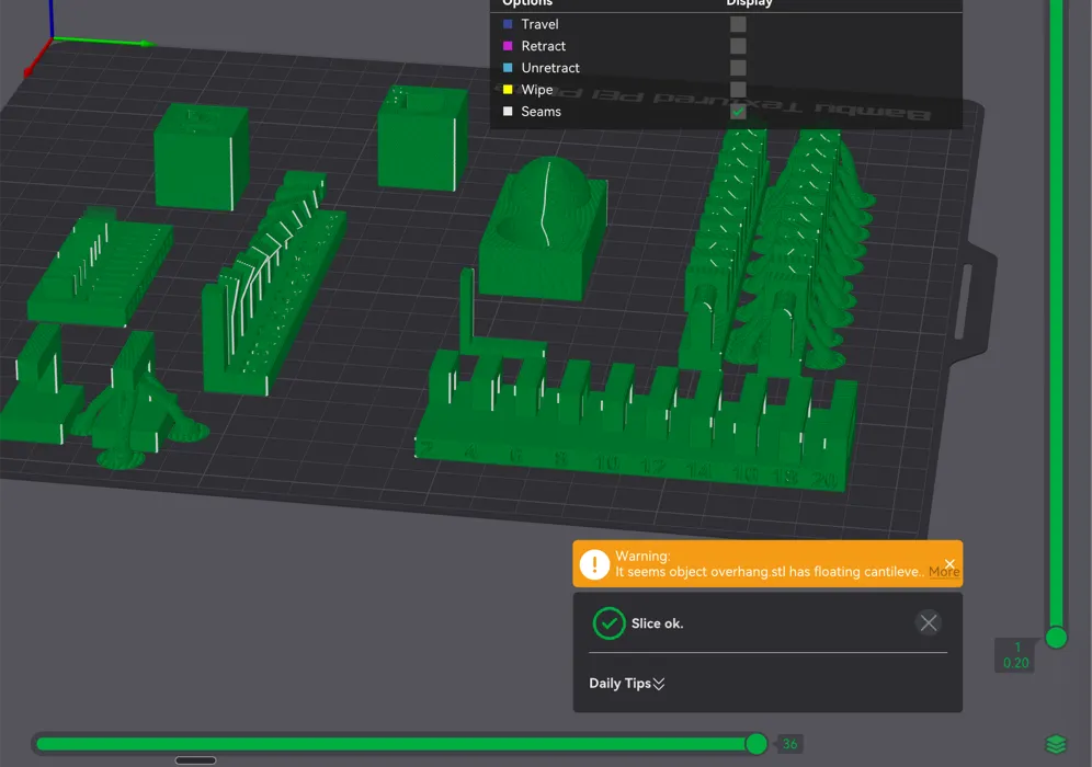 I got the slice output and as you can see there was a warning about the overhangs without the support