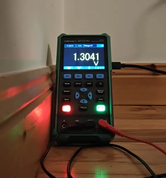 Voltmeter reading approximately 1.3V DC when the LED is on