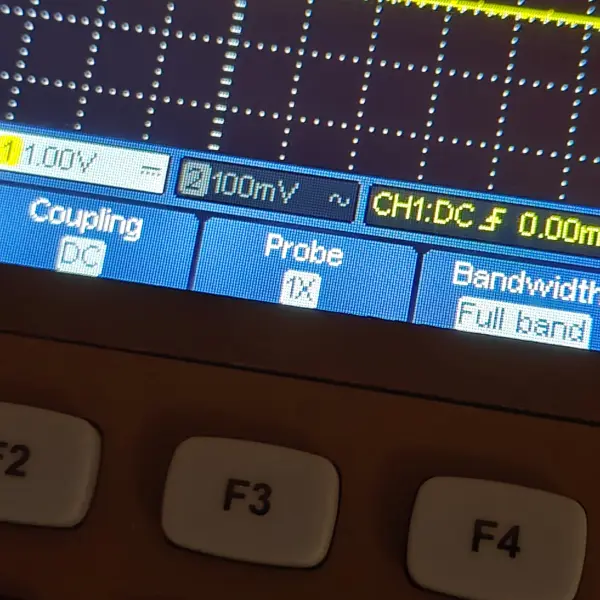 CH1 settings showing DC coupling with 1X probe and full bandwidth
