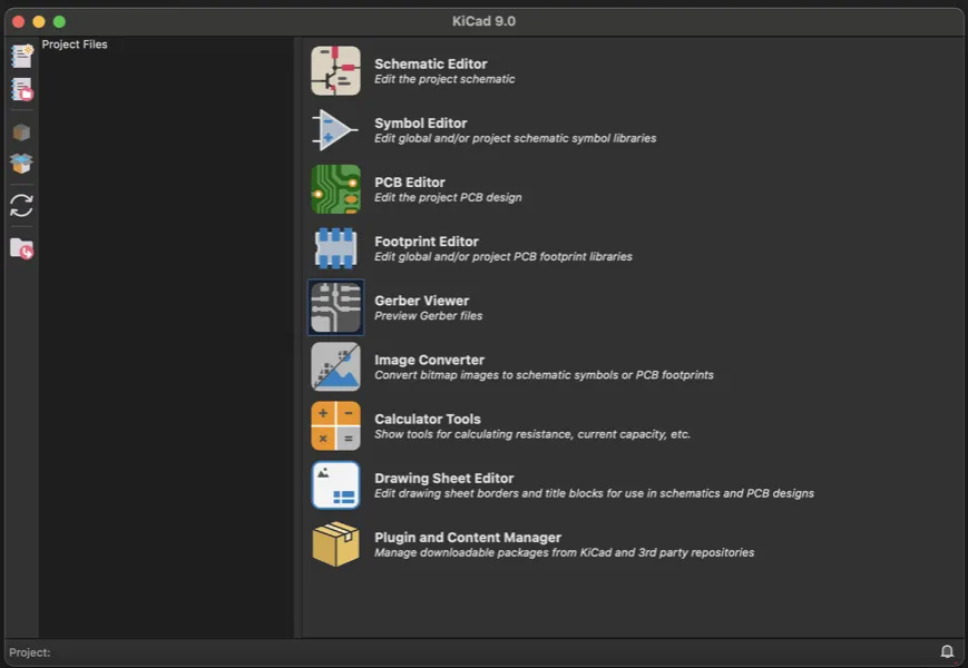 KiCad 9.0 home screen with all the tools