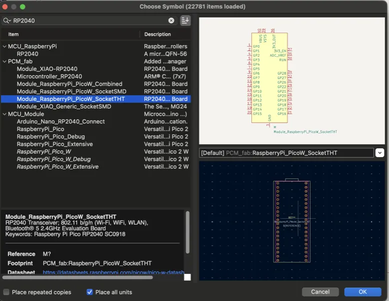 choosing the Pico W symbol from the fab library
