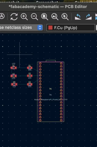 PCB editor with components imported showing ratsnest lines