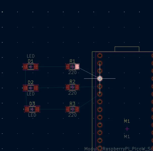 components arranged neatly with LEDs and resistors next to the pico