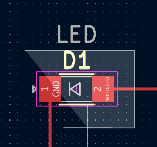 closeup of LED D1 footprint with trace