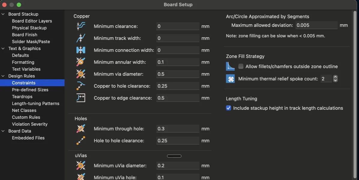 board setup showing design rule constraints