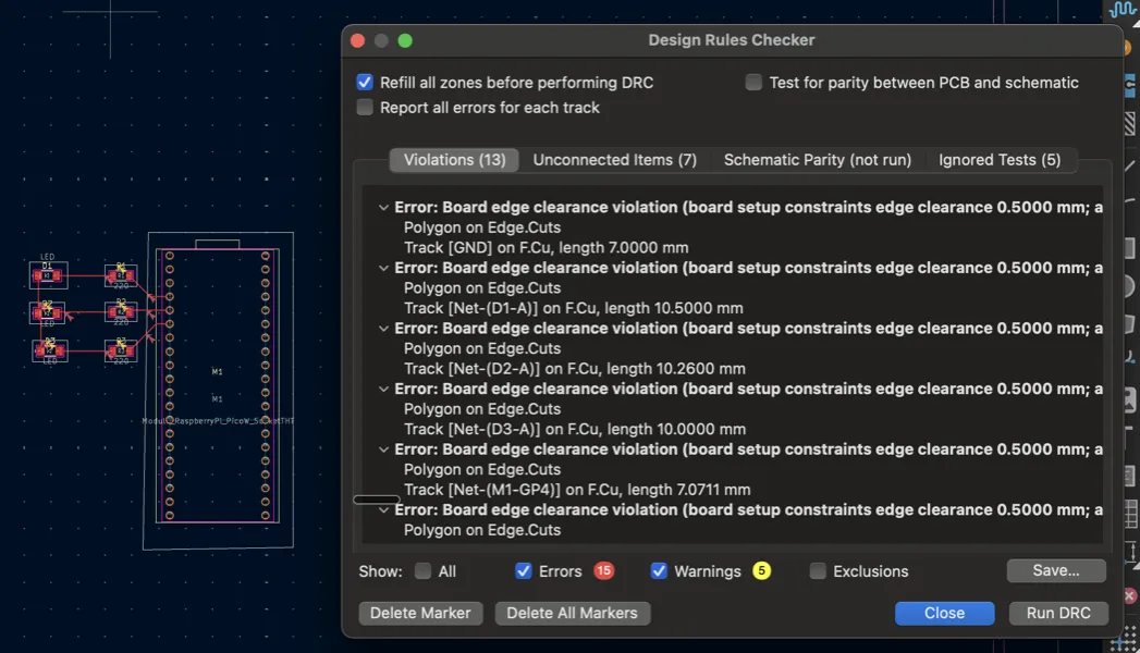 DRC results showing 13 violations and 7 unconnected items