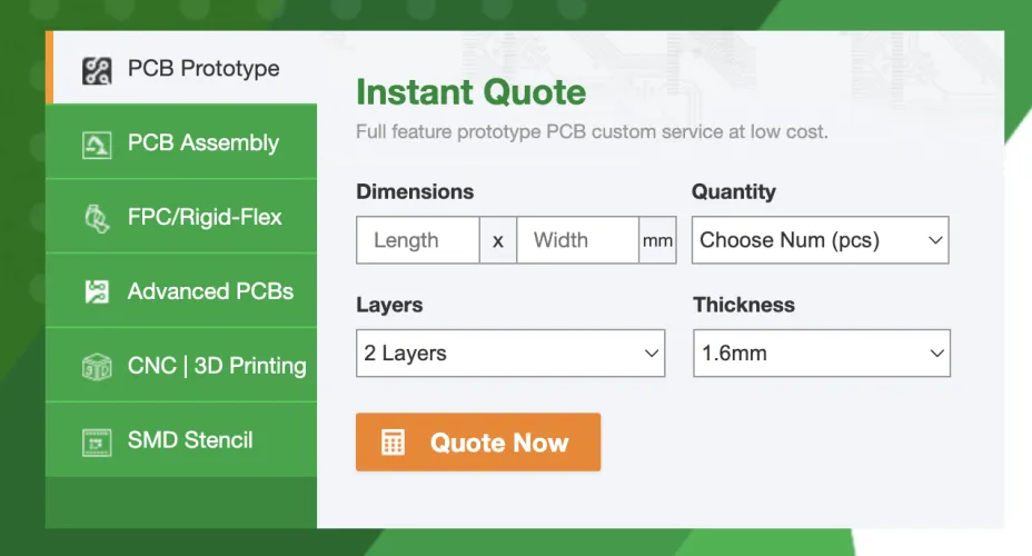 PCBWay instant quote form - empty, showing fields for dimensions, quantity, layers, thickness
