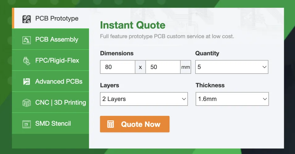 PCBWay instant quote filled in - 80x50mm, 5 pcs, 2 layers, 1.6mm