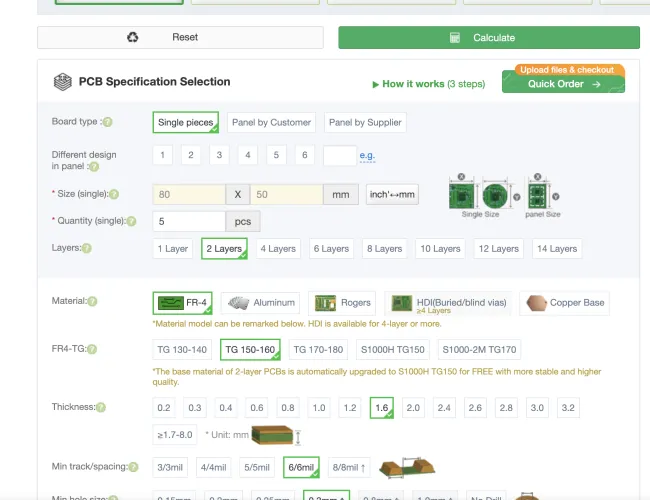 PCB spec selection showing board type, size, layers, material FR-4, TG 150-160, thickness 1.6, min track 6/6mil