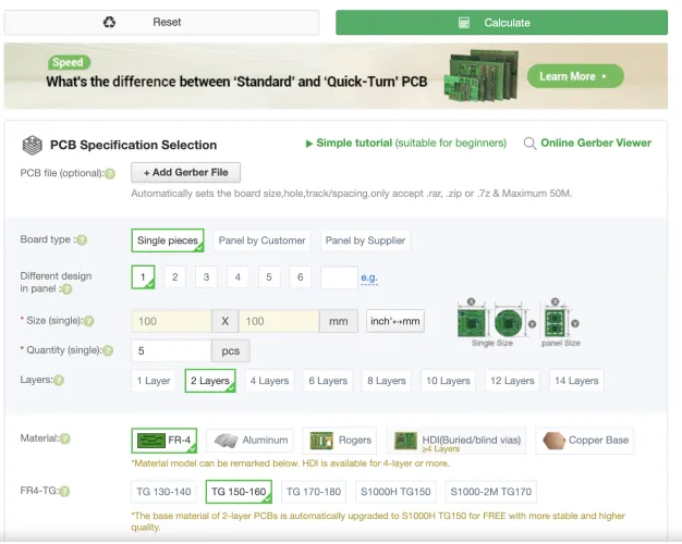 Full PCB spec page top showing Add Gerber File button, board type, size 100x100, layers, material options
