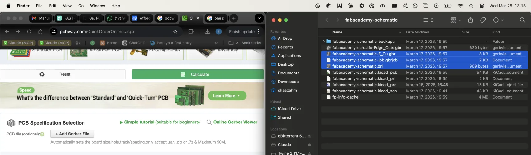 PCBWay upload page side by side with Finder showing the KiCad project folder with gerber files