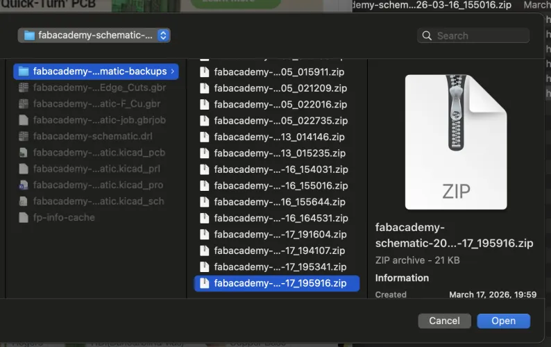 Finder file picker selecting fabacademy-schematic zip file, 21KB, created March 17